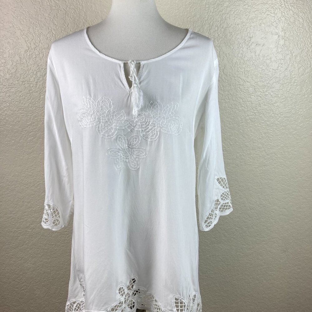 Solitaire Swim White Crochet Lace Boho Tunic Cover-Up Tasssel Blouse Size L